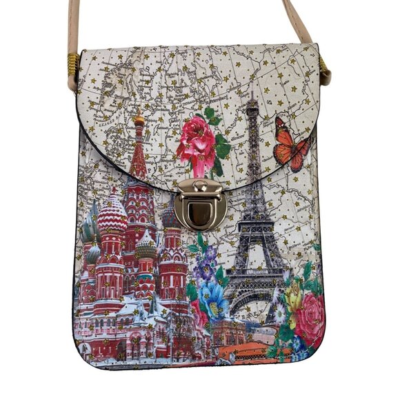 Paris & Moscow Map Print Crossbody Bag With Eiffel Tower & St. Basil's Cathedral - Picture 2 of 11